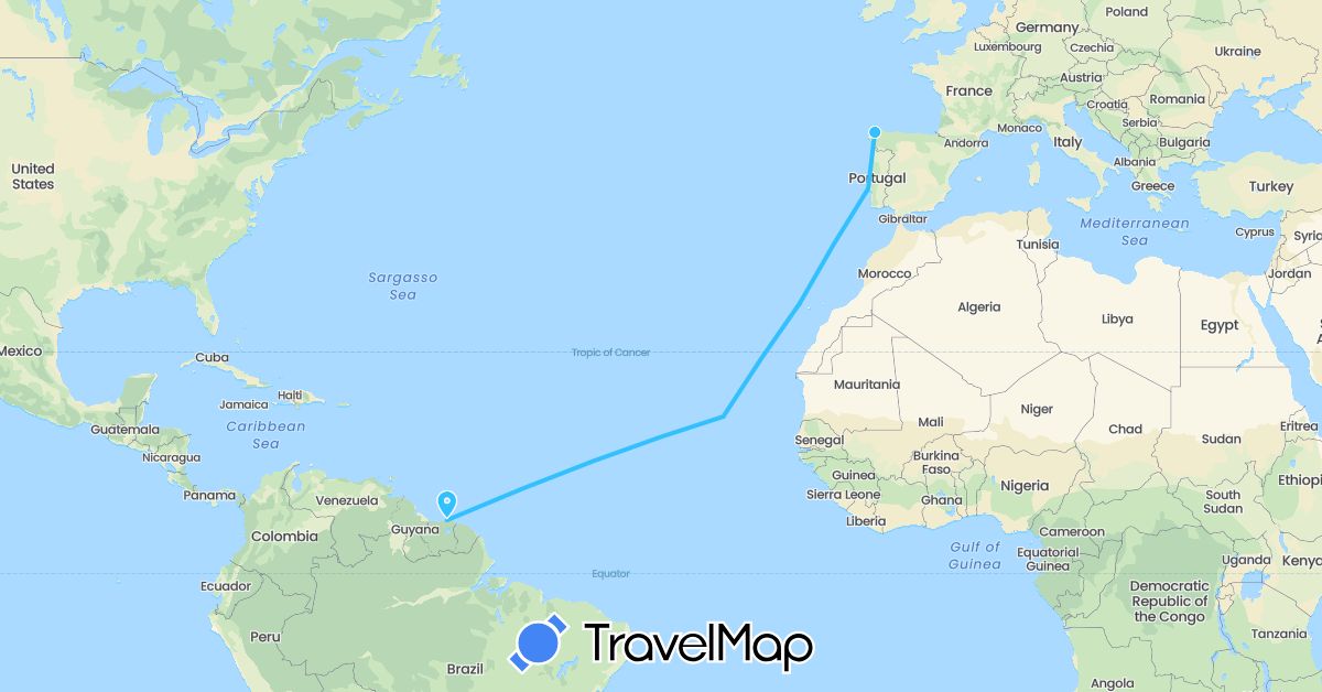 TravelMap itinerary: boat in Cape Verde, Spain, Portugal, Suriname (Africa, Europe, South America)